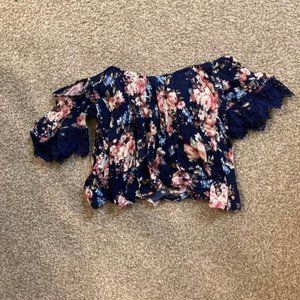 Navy Cropped Crochet Trim Off Shoulder Top